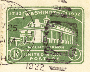 Fototapeta na wymiar stamp printed in USA shows Washington Mountvernon