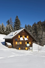 Rural sunny winter landscape with occupied chalet