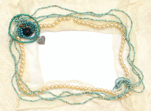 Frame of jewelry: silver, turquoise, pearls, coral