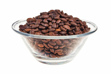 Coffee beans in transparent bowl isolated over white background.