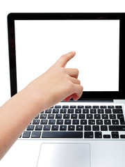 finger at notebook monitor