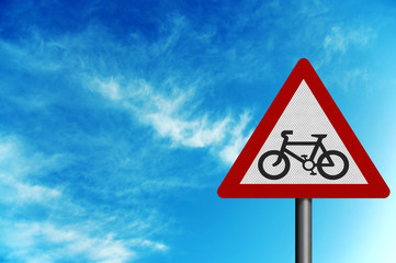Fototapeta premium Photo realistic 'cycle route' sign, against a bright blue sky, w