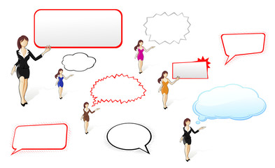 Businesswomen with banner and speech bubbles