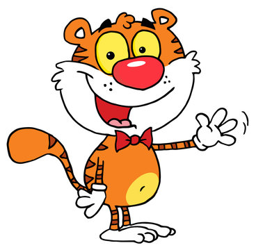 Cartoon Character Animal Tiger Waving A Greeting