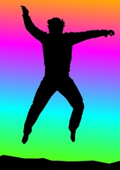 Fototapeta na wymiar springender Mann mit Regenbogen