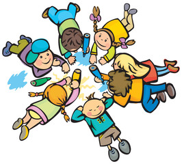 Happy kids have fun and draw sky