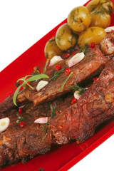 roast beef meat with olives on red