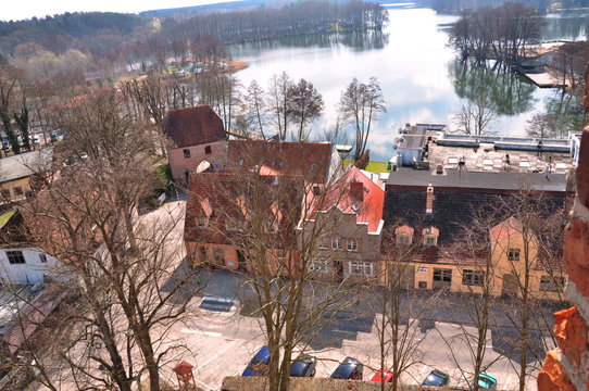 View of tourist town from castle tower. Lagow in Poland
