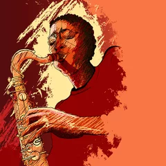 Gordijnen saxofonist op een grunge-achtergrond © Isaxar