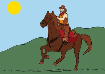 Wall murals Wild West older rider on horseback riding fast landscape