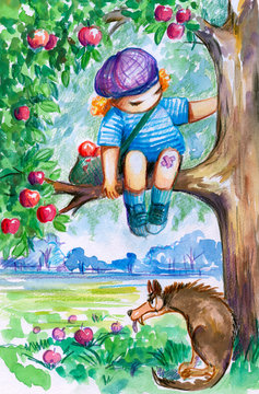 Boy on th e apple tree.