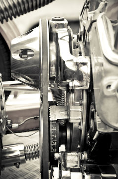 chromed vehicle engine parts closeup
