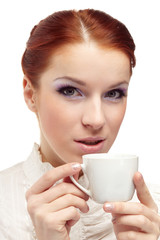 Business woman holding cup of coffee.