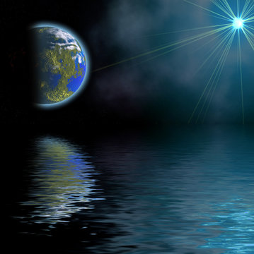 illustration: landscape with planet reflected  in water