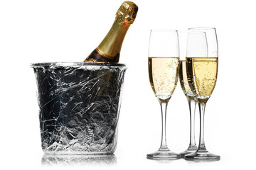 Champagne flutes and ice bucket