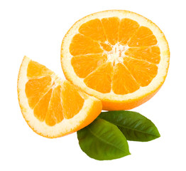 close-up cut orange fruit with leaves