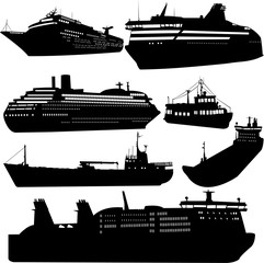 Set of vector silhouettes of ships and cruise ship