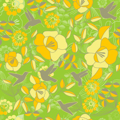 Seamless floral pattern with humming birds