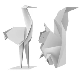 Tableaux ronds sur aluminium Animaux géométriques Origami_écureuil_cigogne