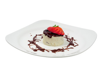 Curd cake sprayed with chocolate.