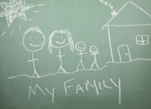 Happy Family Drawn on a Blackboard