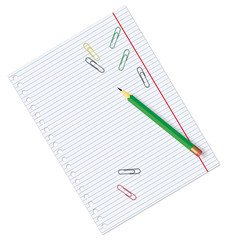 Copybook with crayon and paper clips