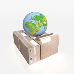 3D-rendering of a globe on cartons