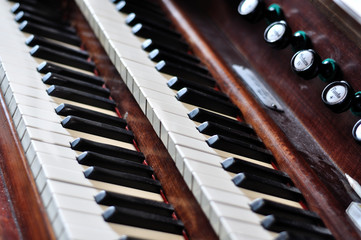 An old pipe organ keyboard