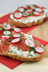 Tartines salées : Pain grillé, ricotta, herbes, jambon et radis