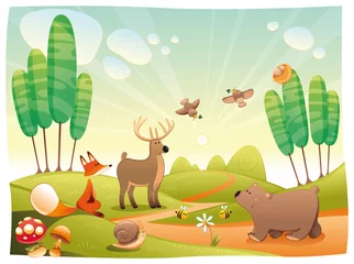 Fototapete Magische Welt Tiere im Wald. Lustige Cartoon- und Vektorillustration