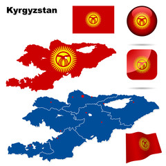Kyrgyzstan vector set. Shape, flags and icons.
