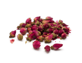 Natural dried rose tea isolated on white background