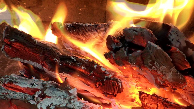 Close-up burning wood in fireplace