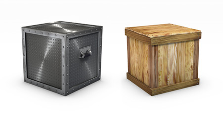 Metallic and wooden boxes with clipping paths