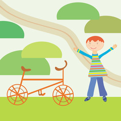 Cartoon boy and bicycle ready to journey