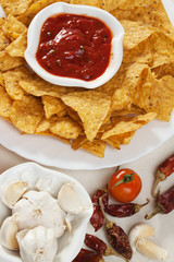 Tortilla chips with hot salsa dip
