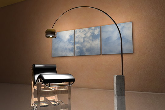 Chaise longue con lampada e quadri