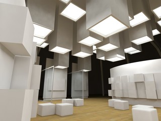 Art gallery with blank frames, modern building, conceptual archi