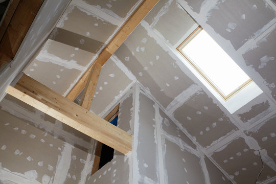 looking up in a building fabric with gypsum plaster boards