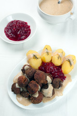 Sweedish Kottbullar meatball with brunsas sauce, boiled potatoes