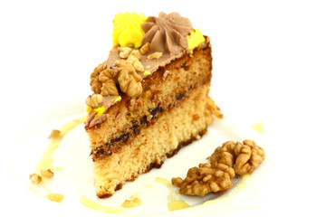 isolated piece of cake with walnuts