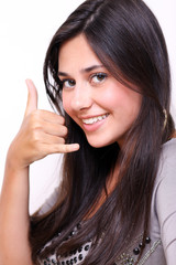 picture of lovely woman making a call me gesture