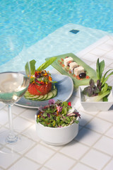 Healthy Vegetarian Meal with White Wine Served Poolside