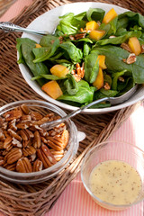 Spinach Salad with Pecans, Peaches and Dressing