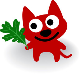 Red dog with leaf of oak tree.