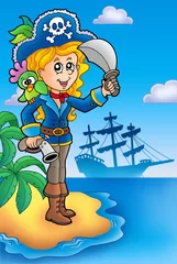 Fotobehang Piraten Mooi piratenmeisje op het eiland