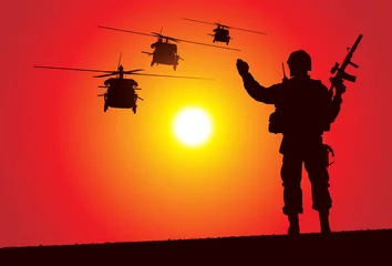 Afwasbaar Fotobehang Soldaten Silhouet van een soldaat met helikopters op de achtergrond
