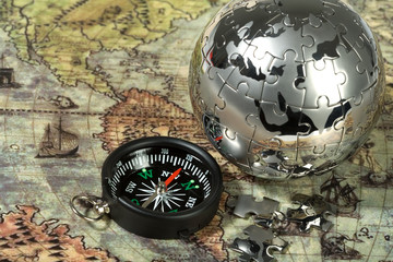 Compass on the old map
