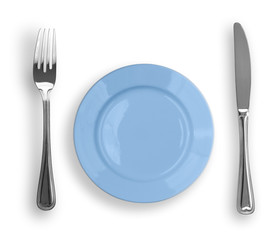 Knife, blue plate and fork isolated