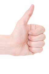 Man`s hand thumbs up sign.